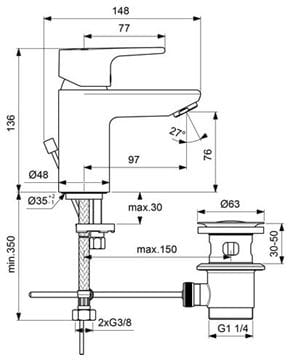 CONCEPT 200 PICCOLO umyvadlová stojánková baterie, s odtokovou soupravou, chrom BC589AA Technický nákres
