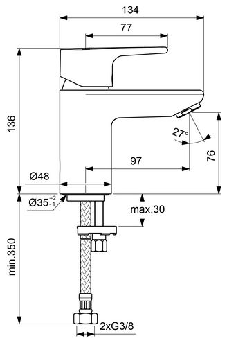 CONCEPT 200 PICCOLO umyvadlová stojánková baterie, chrom BC590AA Technický nákres