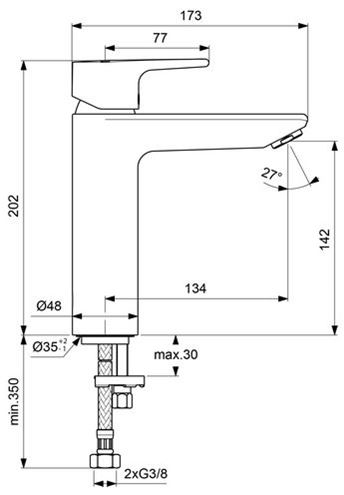 CONCEPT 200 GRANDE umyvadlová stojánková baterie, chrom BC809AA Technický nákres