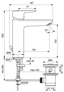 CONCEPT 200 GRANDE umyvadlová stojánková baterie, s odtokovou soupravou, chrom BC642AA Technický nákres