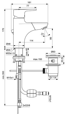 CONCEPT 200 umyvadlová stojánková baterie, s odtokovou soupravou, vytahovací koncovka, chrom BC586AA Technický nákres