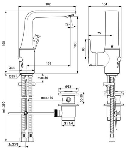 CONCEPT 200 umyvadlová stojánková baterie, s odtokovou soupravou, chrom BC587AA Technický nákres