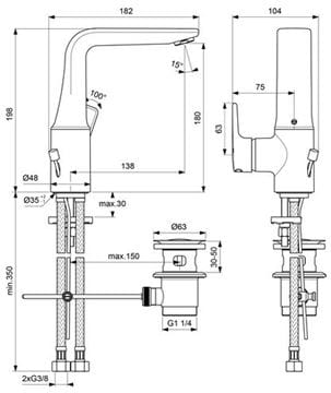 CONCEPT 200 umyvadlová stojánková baterie, s odtokovou soupravou, chrom BC587AA Technický nákres