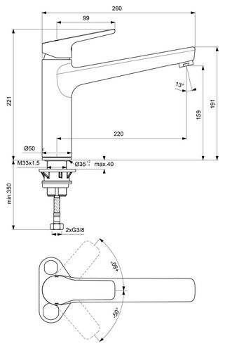 CONCEPT 200 dřezová baterie, chrom BC597AA Technický nákres