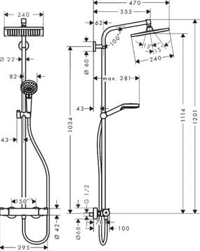 HANSGROHE CROMETTA E SHOWERPIPE GREEN 240 sprchový set s termostatickou baterií, horní sprcha, ruční sprcha se 2 proudy, EcoSmart, chrom 27281000 Technický nákres