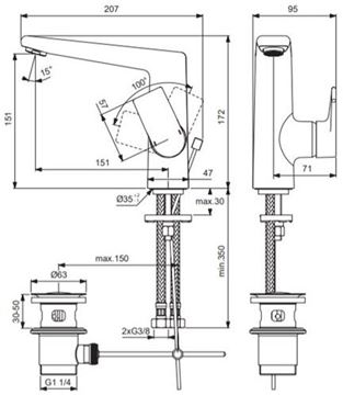 CONCEPT 300 umyvadlová stojánková baterie, s odtokovou soupravou, chrom BC727AA Technický nákres