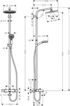 HANSGROHE CROMETTA S SHOWERPIPE 240 vanová termostatická baterie, s horní a ruční sprchou se 2 proudy, chrom 27320000 Technický nákres