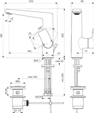CONCEPT 300 GRANDE umyvadlová stojánková baterie, s odtokovou soupravou, chrom BC729AA Technický nákres