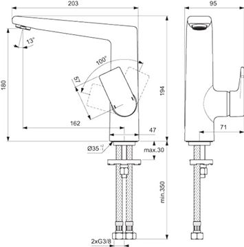 CONCEPT 300 umyvadlová stojánková baterie, chrom BC811AA Technický nákres
