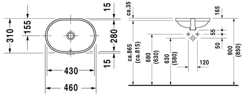 DURAVIT umyvadlo 43 cm, s přepadem 0336430000 Technický nákres