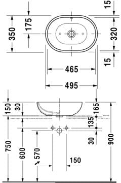 DURAVIT umyvadlová mísa 49,5 cm, s přepadem 0335500000 Technický nákres
