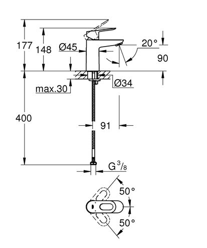 GROHE BAULOOP umyvadlová stojánková baterie, chrom 23337000 Technický nákres
