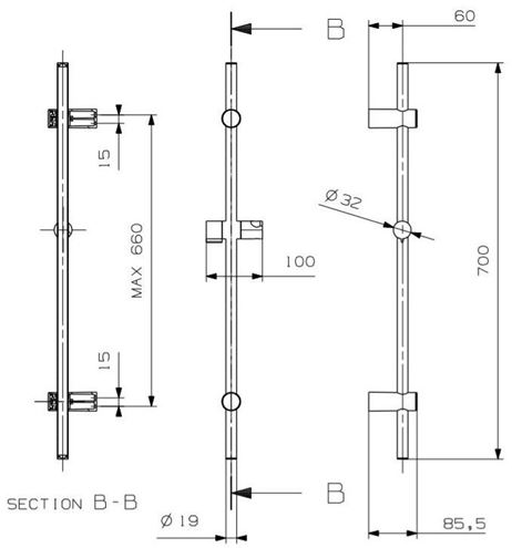 CONCEPT 100 sprchová tyč 700 mm s držákem ruční sprchy, chrom PM10077/CO Technický nákres