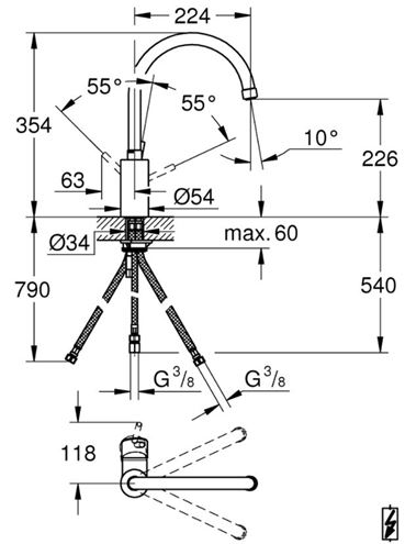 GROHE CONCETTO dřezová baterie, chrom 31132001 Technický nákres