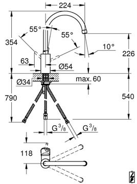 GROHE CONCETTO dřezová baterie, chrom 31132001 Technický nákres