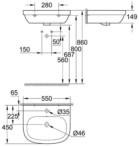 GROHE EURO CERAMIC umyvadlo 55 cm, s otvorem pro baterii a přepadem 39336000 Technický nákres