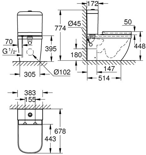 GROHE EURO CERAMIC WC kombi, se SoftClose sedátkem, Rimless splachování, zadní odpad, spodní napouštění, alpská bílá 39462000 Technický nákres