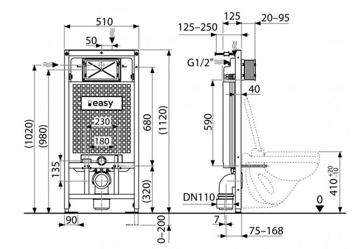 EASY NEW SÁDROMODUL montážní prvek pro WC 112 cm, se splachovací nádržkou EAM2.120.2 Technický nákres