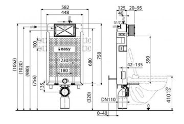 EASY EAM1.100.2 RENOVMODUL montážní prvek pro WC 106,2 cm, se splachovací nádržkou EAM1.100.2 Technický nákres