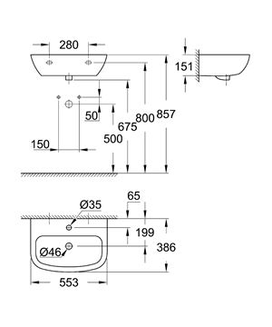 GROHE BAU CERAMIC umyvadlo 55 cm, s otvorem pro baterii a přepadem 39440000 Technický nákres