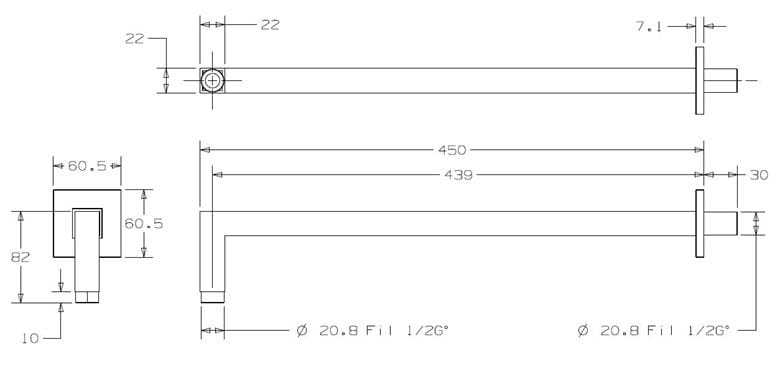 CONCEPT 300 sprchové rameno 450 mm, nástěnné, chrom PM10012/CO Technický nákres