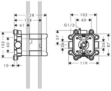 AXOR SHOWER SOLUTIONS 24x24 1JET základní těleso 119x128mm, horní sprchy 10921180 Technický nákres