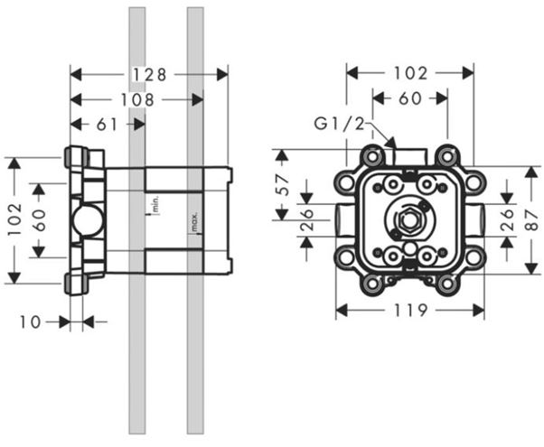 AXOR SHOWER SOLUTIONS 24x24 1JET základní těleso 119x128mm, horní sprchy 10921180 Technický nákres