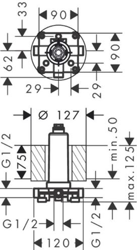 HANSGROHE RAINMAKER SELECT podomítkové těleso G 1/2 24010180 Technický nákres