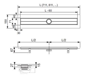 TECE DRAINLINE sprchový žlab 700 mm, do prostoru, bez odtoku, bez roštu, nerez ocel 600700 Technický nákres