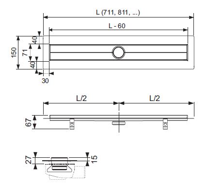 TECE DRAINLINE sprchový žlab 700 mm, do prostoru, bez odtoku, bez roštu, nerez ocel 600700 Technický nákres