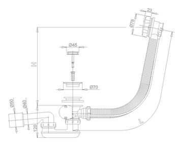 CONCEPT vanový sifon 57 cm, bovden, chrom PT10055K Technický nákres