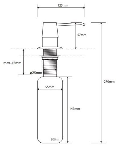 BEMETA dávkovač tekutého mýdla 300 ml, vestavný, nerez ocel 152109125 Technický nákres