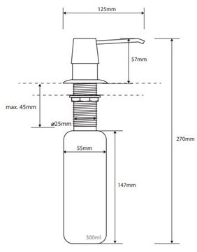 BEMETA dávkovač tekutého mýdla 300 ml, vestavný, nerez ocel 152109125 Technický nákres
