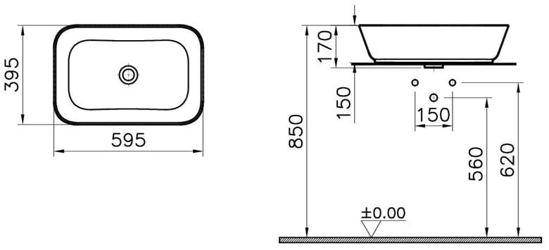 VITRA GEO umyvadlo na desku 59,5 cm, bez přepadu, broušené, VitrAhygiene 7425B003-0016 Technický nákres