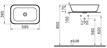 VITRA GEO umyvadlo na desku 59,5 cm, bez přepadu, broušené, VitrAhygiene 7425B003-0016 Technický nákres