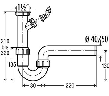 VIEGA 7985.10 dřezový sifon DN50, s přípojkou a převlečnou maticí 1 1/2 102838 Technický nákres