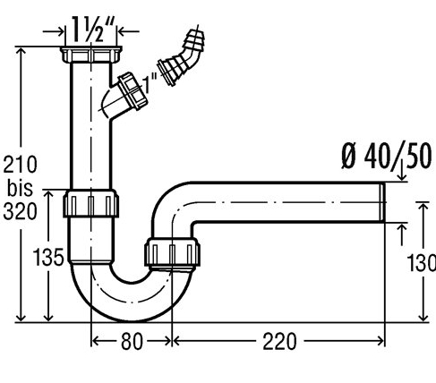 VIEGA 7985.10 dřezový sifon DN50, s přípojkou a převlečnou maticí 1 1/2 102838 Technický nákres