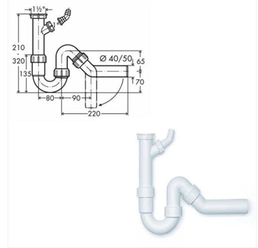 VIEGA 7985.30 dřezový sifon DN50, s přípojkou a převlečnou maticí 1 1/2 101206 Technický nákres