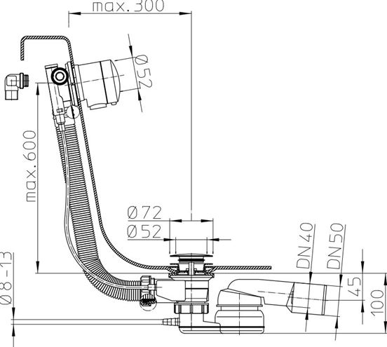 HL 560N.L vanový sifon 80 cm, s napouštěním přepadem, bovden, chrom HL560N.L Technický nákres