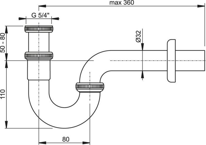 RAVAK designový sifon k umyvadlu DN32, s převlečnou maticí 5/4, chrom X01436 Technický nákres