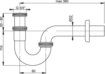 RAVAK designový sifon k umyvadlu DN32, s převlečnou maticí 5/4, chrom X01436 Technický nákres