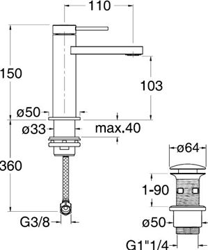 CRISTINA UNIX umyvadlová stojánková baterie, s odtokovou soupravou, brushed stainless steel CRIUX22028 Technický nákres
