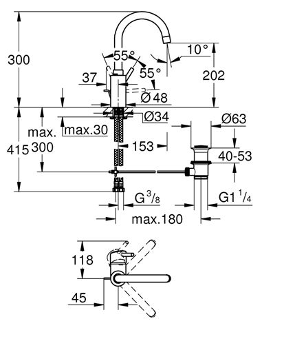 GROHE CONCETTO umyvadlová stojánková baterie, s odtokovou soupravou, chrom 32629002 Technický nákres