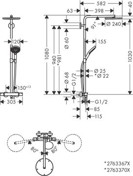 HANSGROHE RAINDANCE S SHOWEPIPE 240 sprchový set s termostatickou baterií, horní sprcha, ruční sprcha se 3 proudy, tyč, hadice, chrom 27633000 Technický nákres