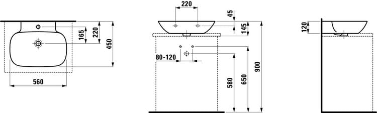LAUFEN INO umyvadlo na desku 56 cm, s otvorem pro baterii a přepadem, broušené H8163020001041 Technický nákres