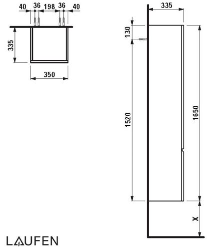 LAUFEN PRO S vysoká skříňka 35x33,5x165 cm, 1 dvířka, panty vlevo, bílá H4831210954631 Technický nákres