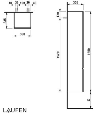 LAUFEN PRO S vysoká skříňka 35x33,5x165 cm, 1 dvířka, panty vlevo, bílá H4831210954631 Technický nákres