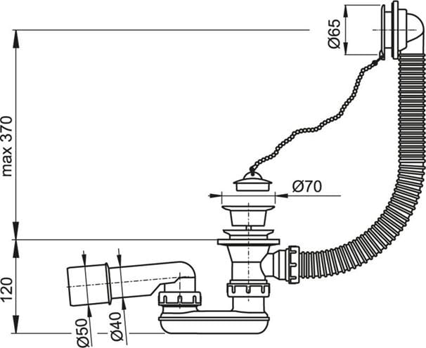 CONCEPT vanový sifon 57 cm, se zátkou PT100502 Technický nákres