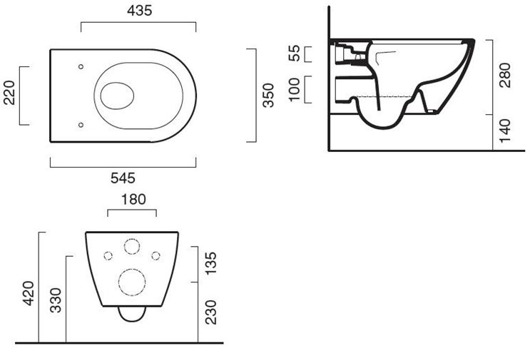 CONCEPT S závěsné WC, se SoftClose sedátkem, Newflush splachování, Cataglaze VSF54RECSET Technický nákres