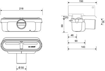 UNIDRAIN 1418 nízký sifon DN50, pro podlahový žlab, boční odpad 1418.0050 Technický nákres